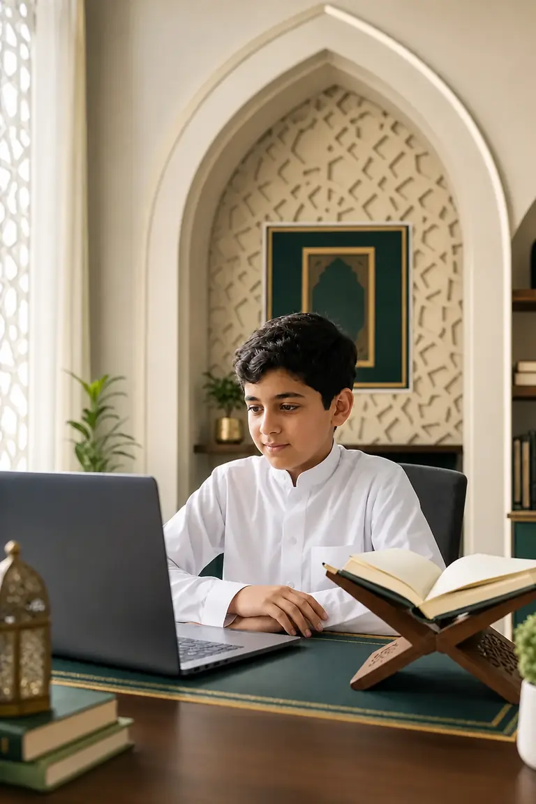 طالب يتعلم القرآن الكريم عن بعد في حصة فردية
