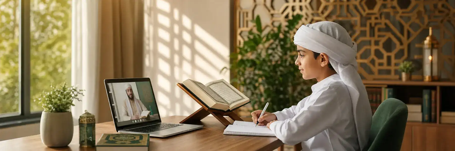 طالب يتعلم القرآن الكريم عن بعد في حصة فردية مباشرة